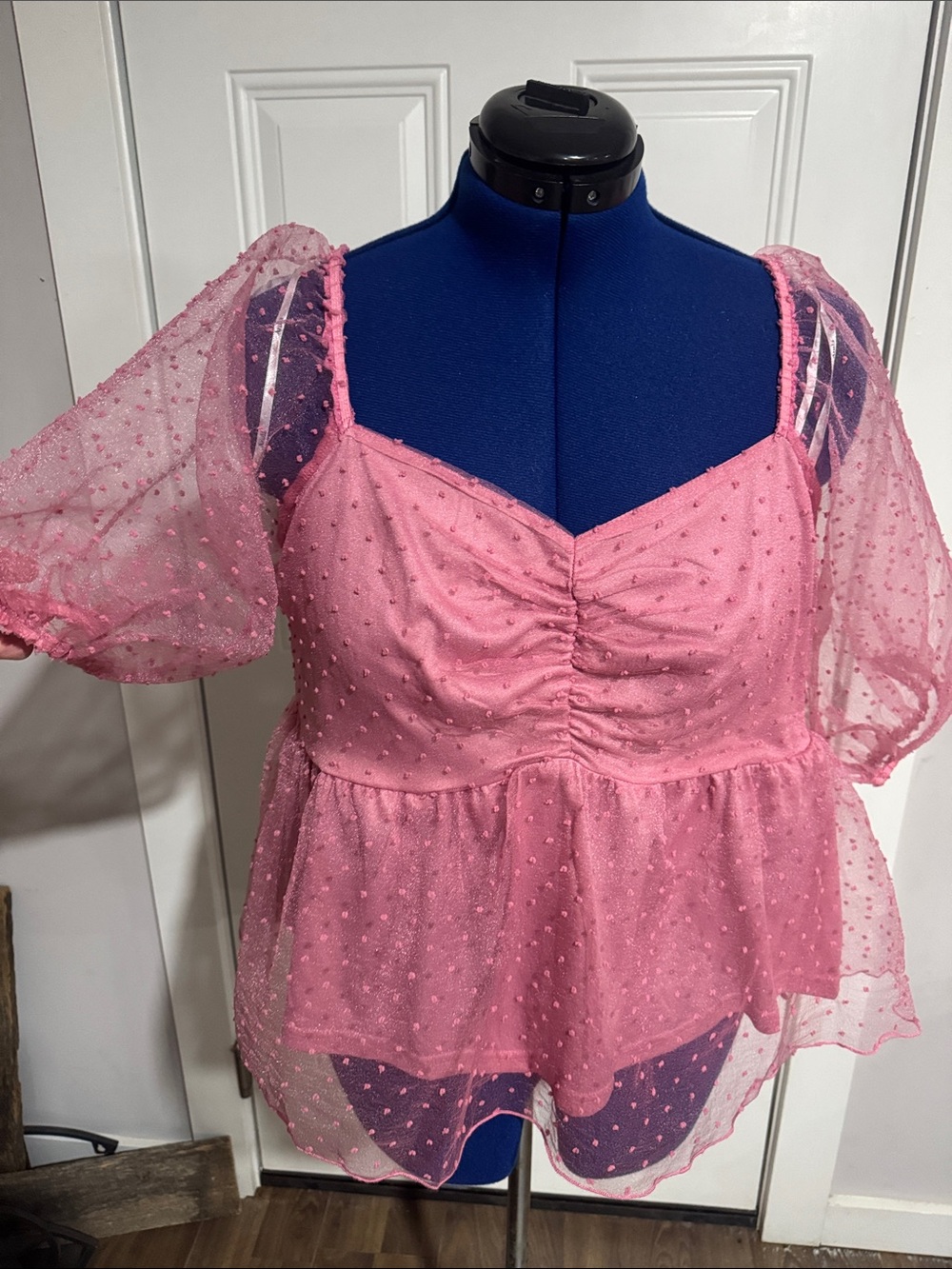 ARULA Rose Pink Swiss Dot Peplum Top